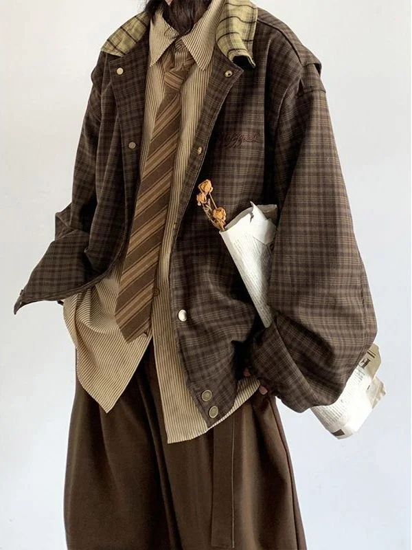 Early Autumn Plaid Jaet Men's Casual Loose Stitching Leisure Set Japanese Retro Sle Youth College Windbreaker Coat