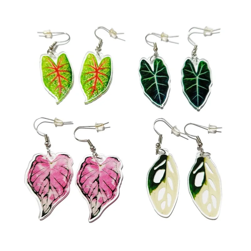 Pendientes creativos de corazón de amor para mujer, aretes de hojas acrílicas Rosas y verdes, caladio, Monstera, hoja, planta, joyería de fiesta