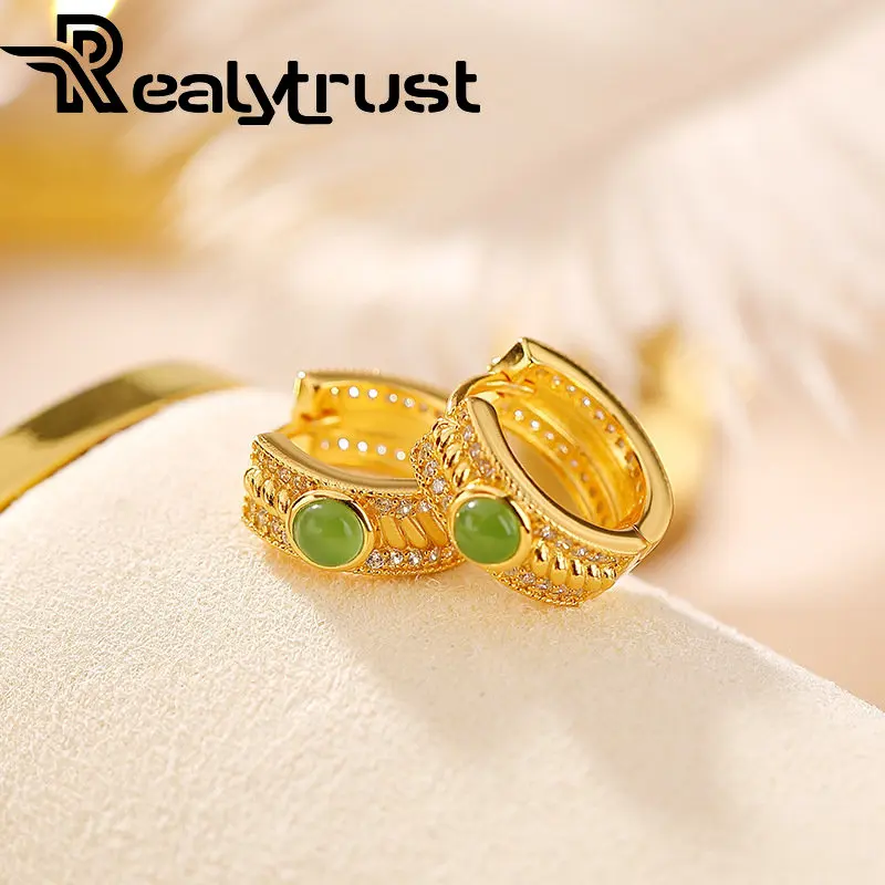 

Hotan Jade Jasper Hoop Earrings S925 Silver Jewelry Plated 18k Gold Green Jasper Zircon Huggie Earrings for Women Birthday Gift