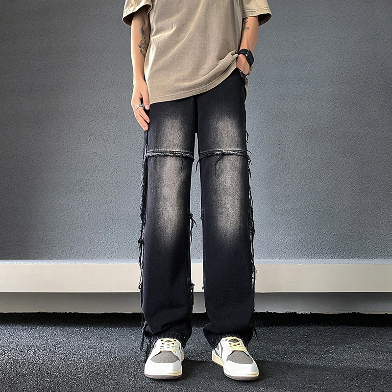 

Summer Men's Fashion Denim Pants Stitching burrs Calf printed Leisure Vintage High Street Heavy Industry Handsome Techwear Jeans