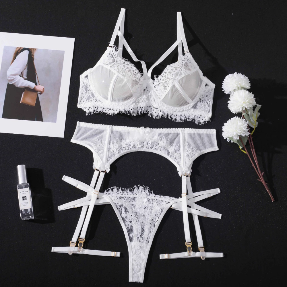Wedding White Lingerie Lace Erotic Underwear 4-Pieces Sexy Lingery Women Transparent Bra Panty Set Fancy Luxury Exotic Sets