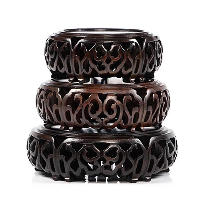 Round Shape Solid Wood Carving Craft Vase Ornaments, Wood Block Floor Base, Bonsai Buddha Aquarium Pedestal, Display Stand