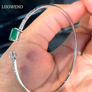 LUOWEND 100% Real 18K Au750 White Gold Bangle Genuine Natural Emerald and Diamond Bracelet Luxury Party Jewelry Customize
