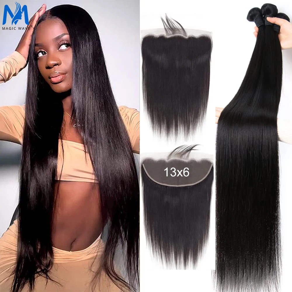 

13x6 Transparent HD Lace Straight Bundles with Frontal 30 32 40 Inches Remy Hair Brazilian Weave Human Hair Bundles with Closure