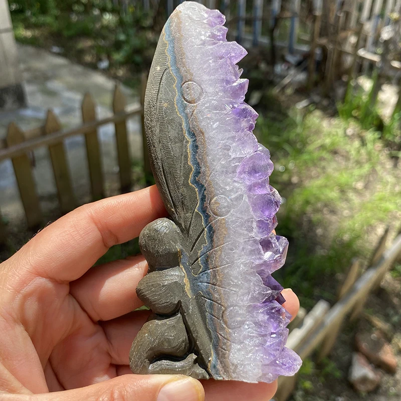 

Hand Carved Natural Amethyst Crystal Cluster Butterfly Fairy Carving Crafts For Home Decor