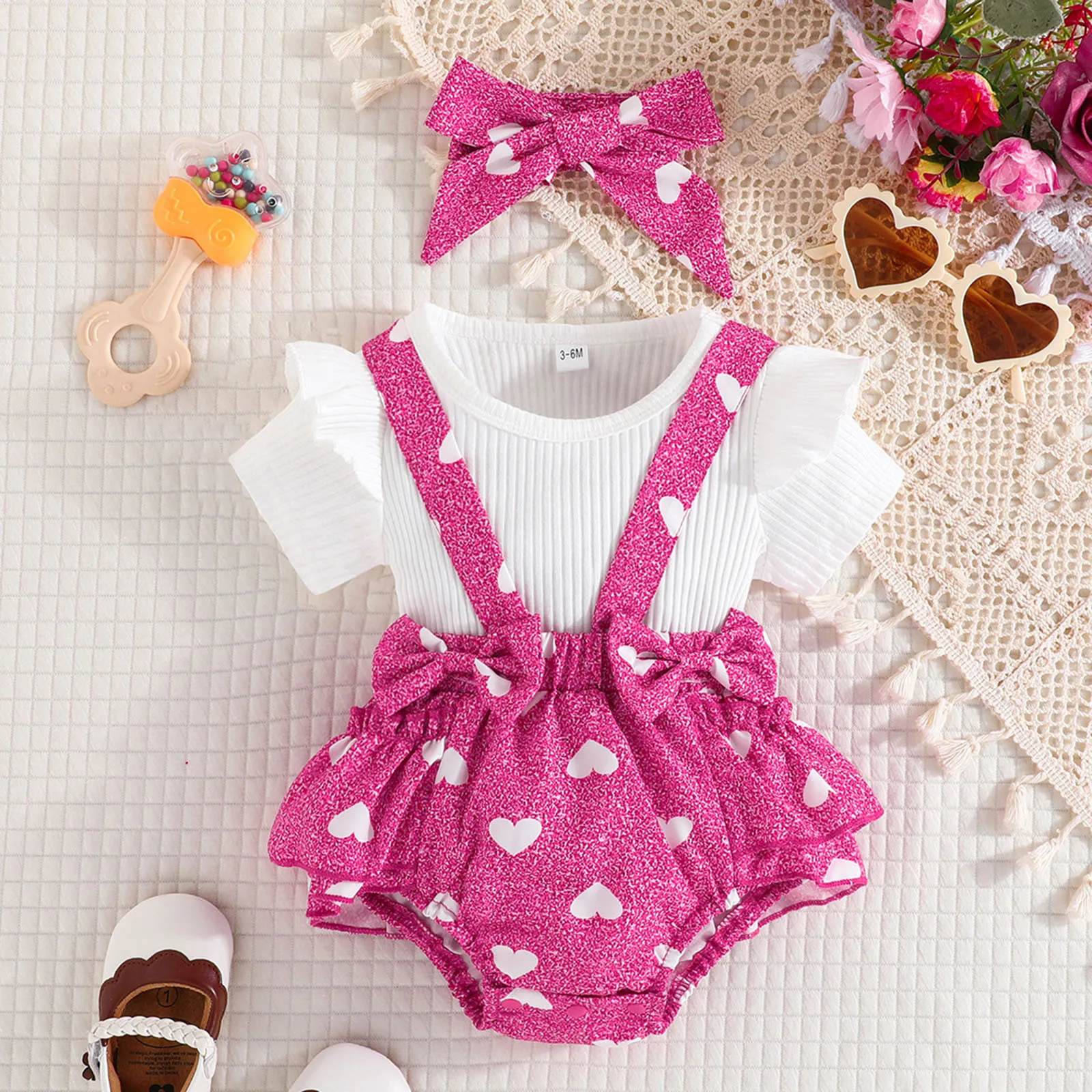 

Valentine's Day Infant Baby Girls Romper Heart Print Suspenders Shorts+Short Fly Sleeve Ruffles Jumpsuits With Bow Headband Sets
