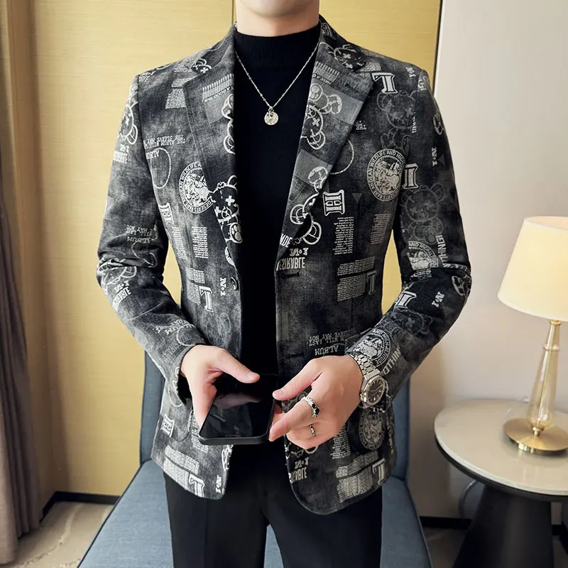 Autumn Winter Jacquard Denim Suit Jacket for Men Fashion Business Casual Blazers Streetwear Social Men Clothing
