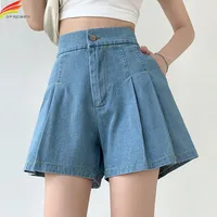DFRCAEG 2024 Summer Plus Size Denim Shorts For Women High Elastic Waist Blue Or Sky Blue Pleated Mini Large Size Short Femme - Image 3