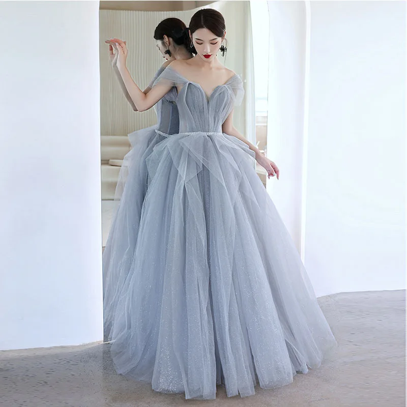 

Harajpee Fantasy Blue Evening Dress Female 2024 Celebrity Annual Meeting Temperament Dresses Performance Light Gauze Vestido