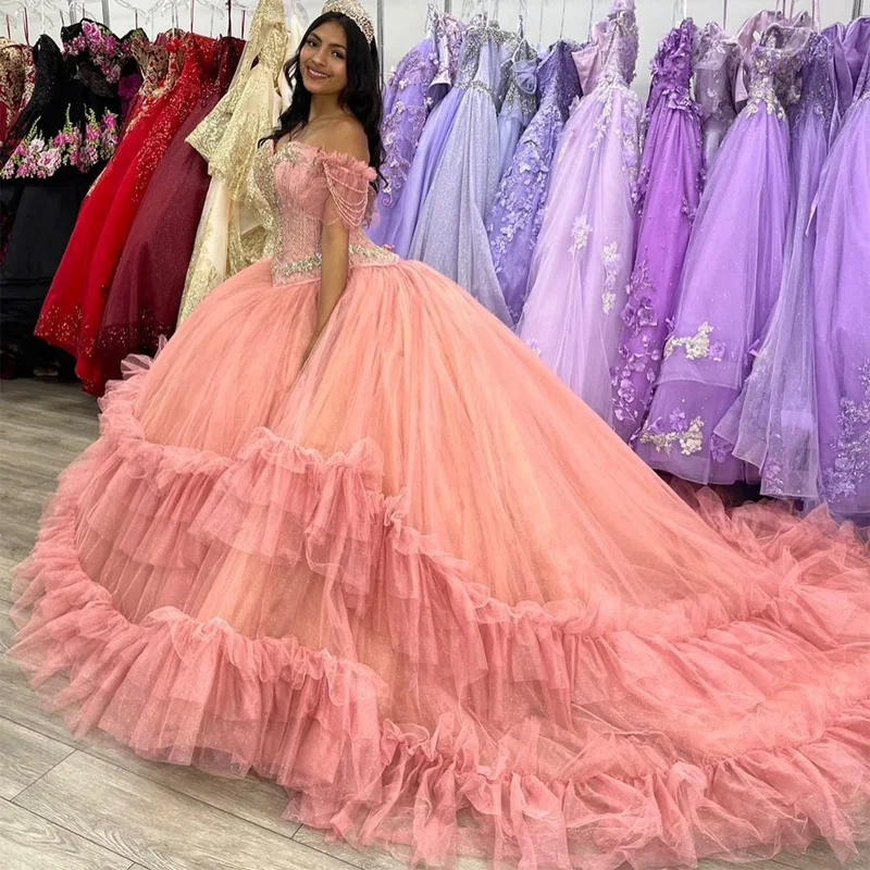 

Pink 3D Flowers Appliques Long Sleeve Corset Quinceanera Dresses Ball Gown Off The Shoulder Sweet 16 Vestidos De 15 Años