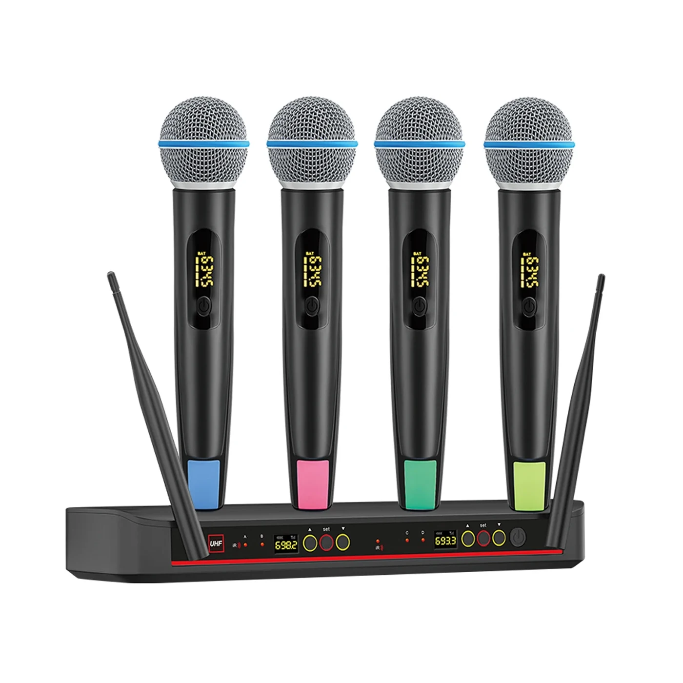 

UHF Professional Wireless Microphone System Adjustable Frequency 4 Microphones for Karaoke Singing 200ft Range