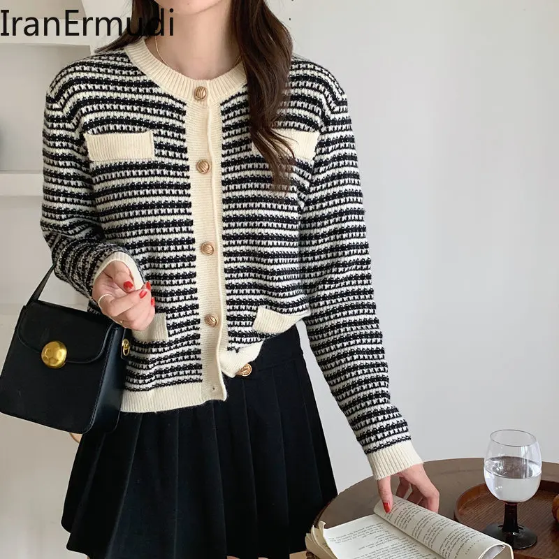 

IranErmudi Women Casual Vintage Knitted Cardigan Lady Chic Korean Kardigan Elegant Single Breasted Cardigans Autumn Winter