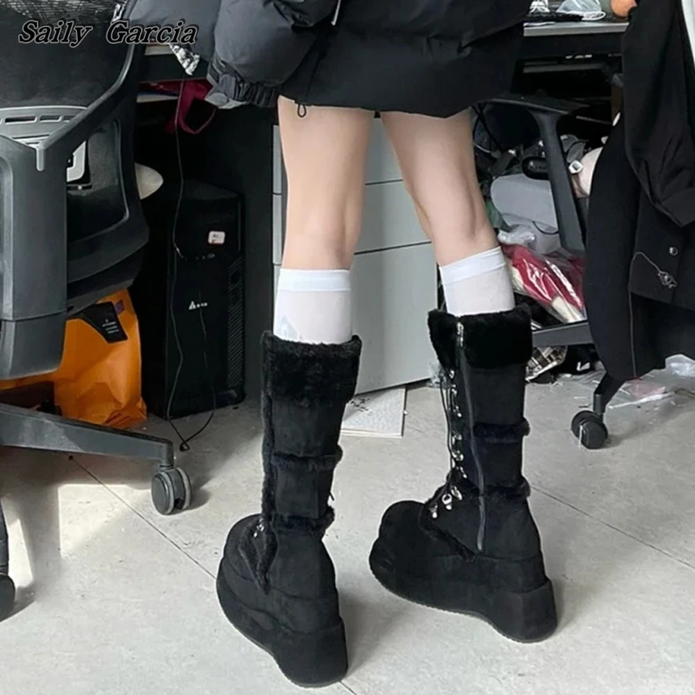 Black Suede Side Zipper Chunky Heel Snow Boots Winter New Gothic Style Casual Boots Round Toe Platfrom Short Plush Wonmen Boots