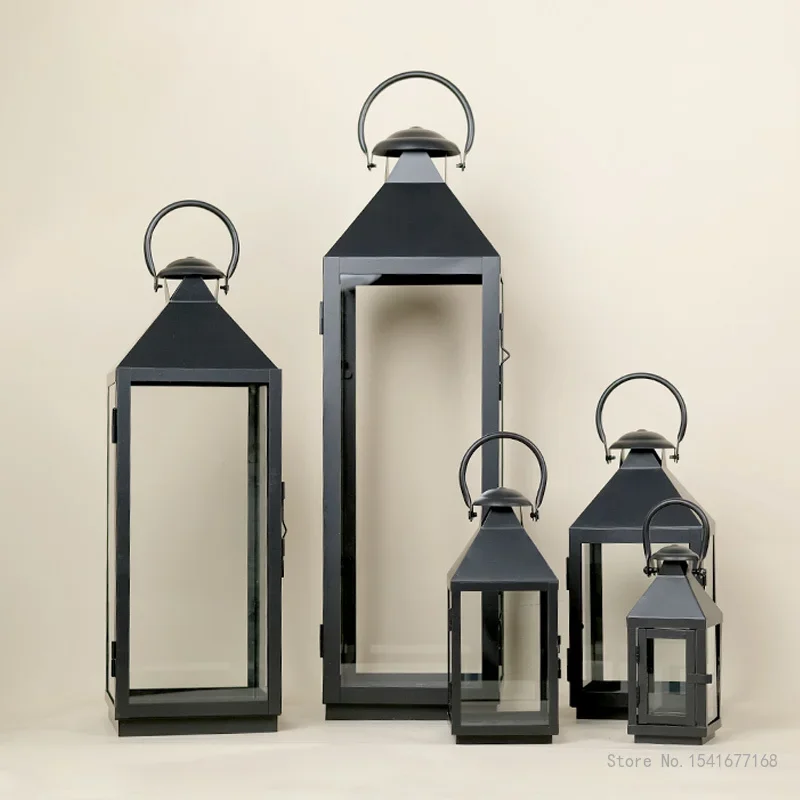 Nordic Outdoor Glass Windproof Candlestick, Wrought Iron, Floor Wind Lamp, Simple Shooting Props, Retro Garden Decor, 1Pc