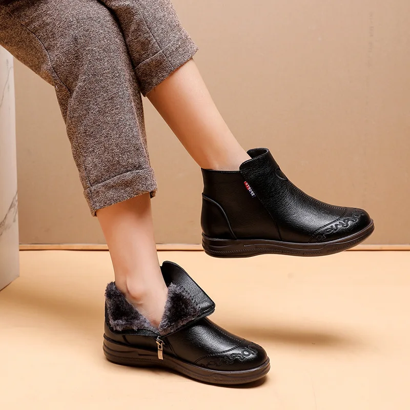 

Winter Shoes Fashion Women Genuine Leather Ankle Boots Female Thick Plush Warm Snow Boots Mother Waterproof Non-slip Booties