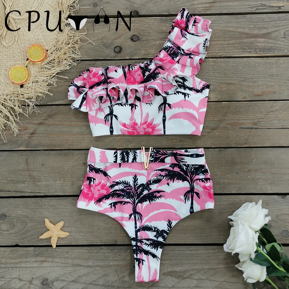 

CPUTAN 2023 Sexy Ruffle One Shoulder Bikini Set 3D Flower High Waist Swimwear Swimsuit Women Print Swimming Bathing Suit Beach