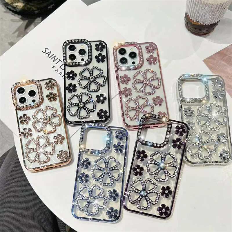 Phone Case For iPhone 15 Pro Max Luxury Flowers Flash Diamond Plating Frame For iPhone 11 13 14 16 Plus 17 Air Rhinestone Cover phone case,iphone case