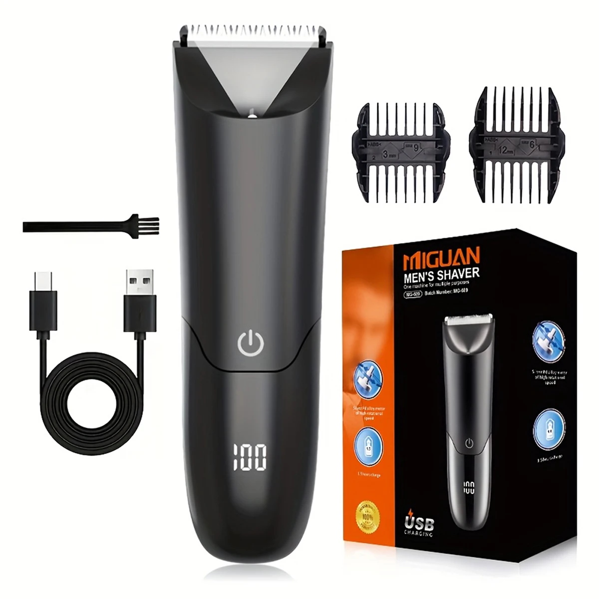 Man Electric Shaver Groin Trimmer 2 Protective Cap for Arm Leg Hair Ceramic Blade Head USB Rechargeable Lithium Battery