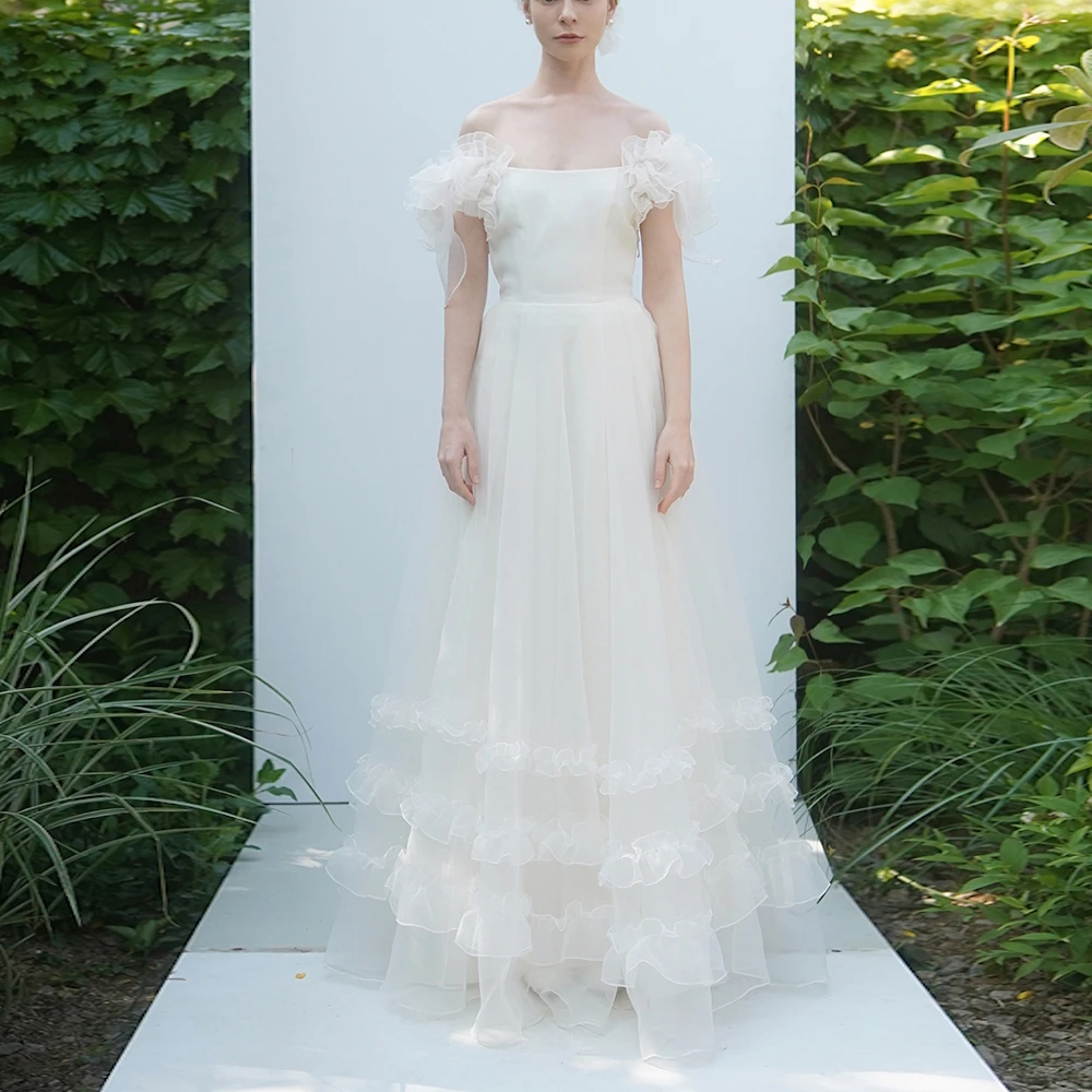 

ROSELLA Fairy Ivory A Line Prom Evening Dresses Ruffle Off Shoulder Korea Wedding Photoshoot Garden Tiered Party Gowns