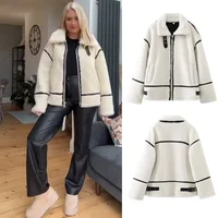 PB&ZA 2023 Autumn New Women's Wear European and American Style Casual Fur One Piece Lamb Wool Contrast Color Plush Warm Jacket C 1