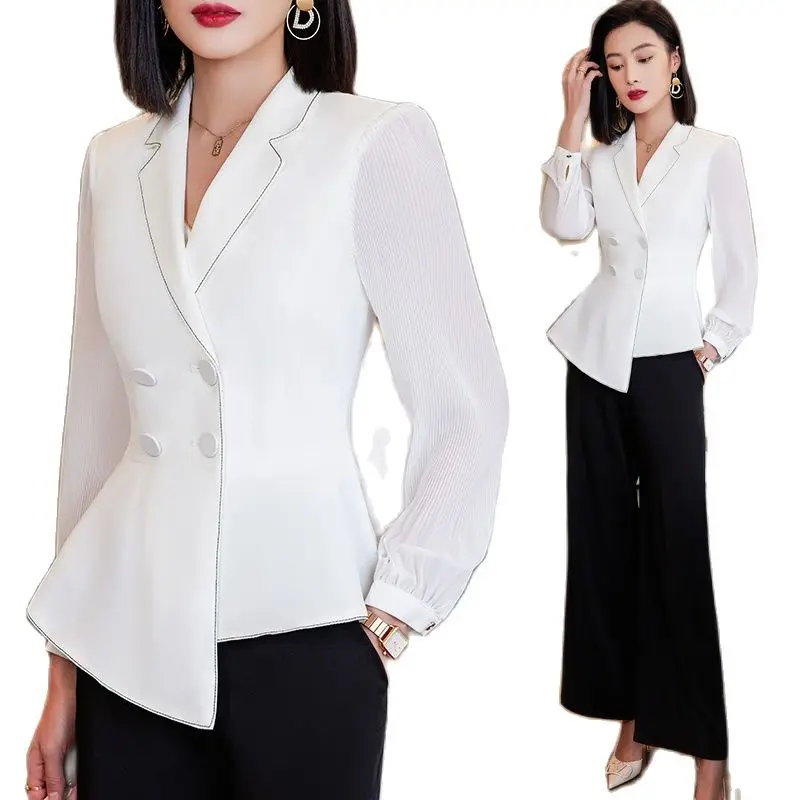 

Office Wear Women 2023 Spring Autumn Two-piece Pant Suits Double Breasted Long Sleeve Slim Blazers + High Waisted Wide Leg Pants