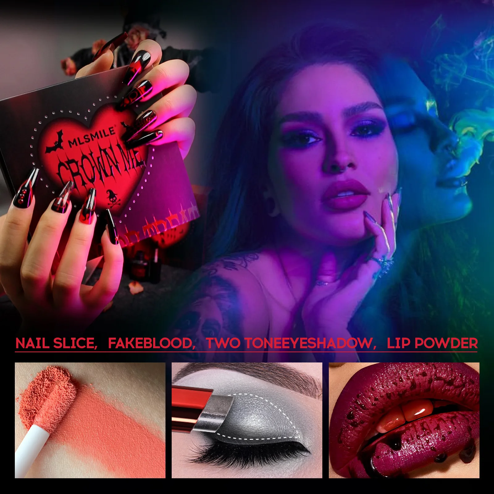 MLSMILE Halloween Makeup Set Plasma Lipstick Eyeshadow Stick Nail Sticker Combination
