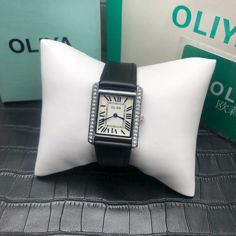 Rectangular simple elegant ultra-thin women's watch transparent zircon waterproof leather holiday gift girls' quartz watch