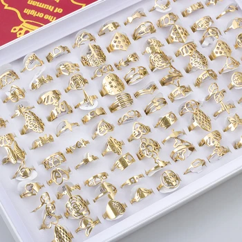 100 Pieces Stainless Steel Engraved Rings for Men and Women Fashion Charm Jewelry Gift Hollow Flower Finger Rings Wholesale Lots 1