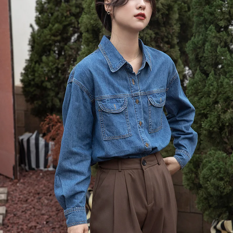 Spring Autumn Simple Fashion England Style Button Loose Vintage Women  Denim Long Sleeve Shirts Tops  Z133