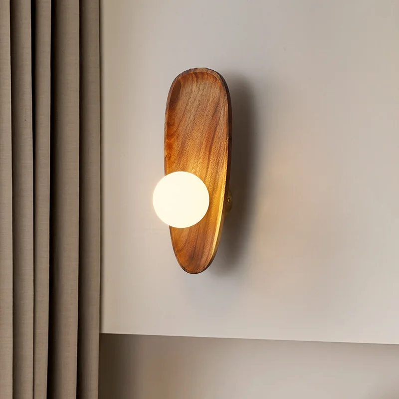 natural Wooden Wall Lamp Glass Lampshade For Living Room Wood Vintage Decor Bedside wall light Sconce Foyer LED Light Fixtures
