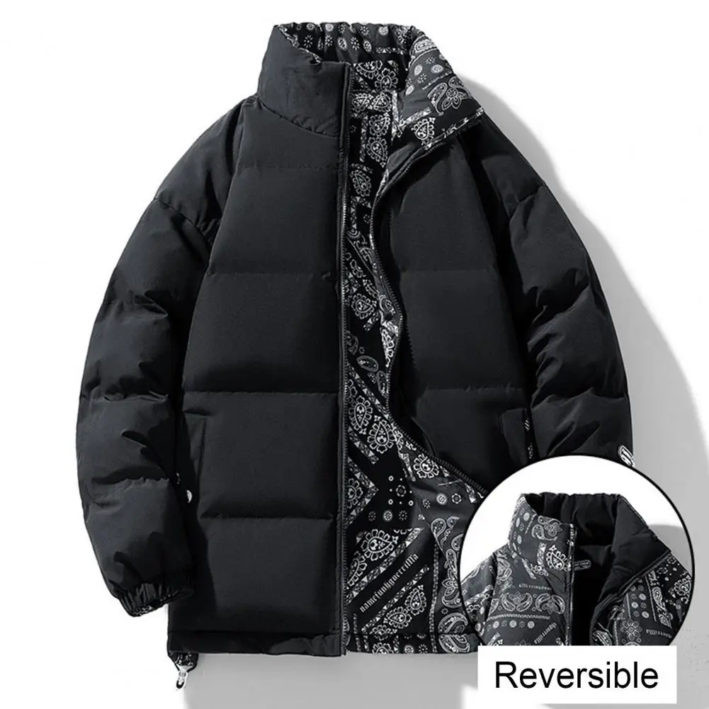 Reversible Coat Winter Cotton Coat with Stand Collar Windproof Warm Padded Stuffed Long Sleeve Elastic Cuff Couple Down Coat