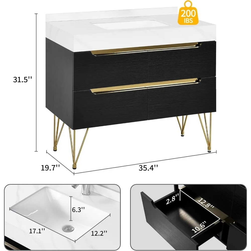 36 Inch Bathroom Vanity with Sink, Bathroom Cabinet with White Sintered Stone, Bathroom Sink Vanity, 4 Drawers Soft Close System 2
