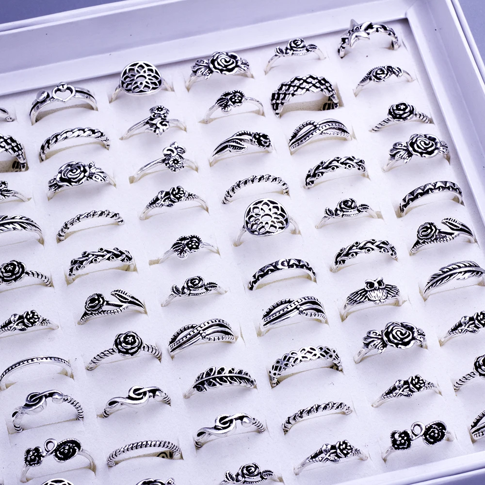 100 Pcs/Lot Vintage Bohemia Carved Flower Geometric Rings for Women Mix Style Antique Silvery Ethnic Jewelry Party Gift Wholesal