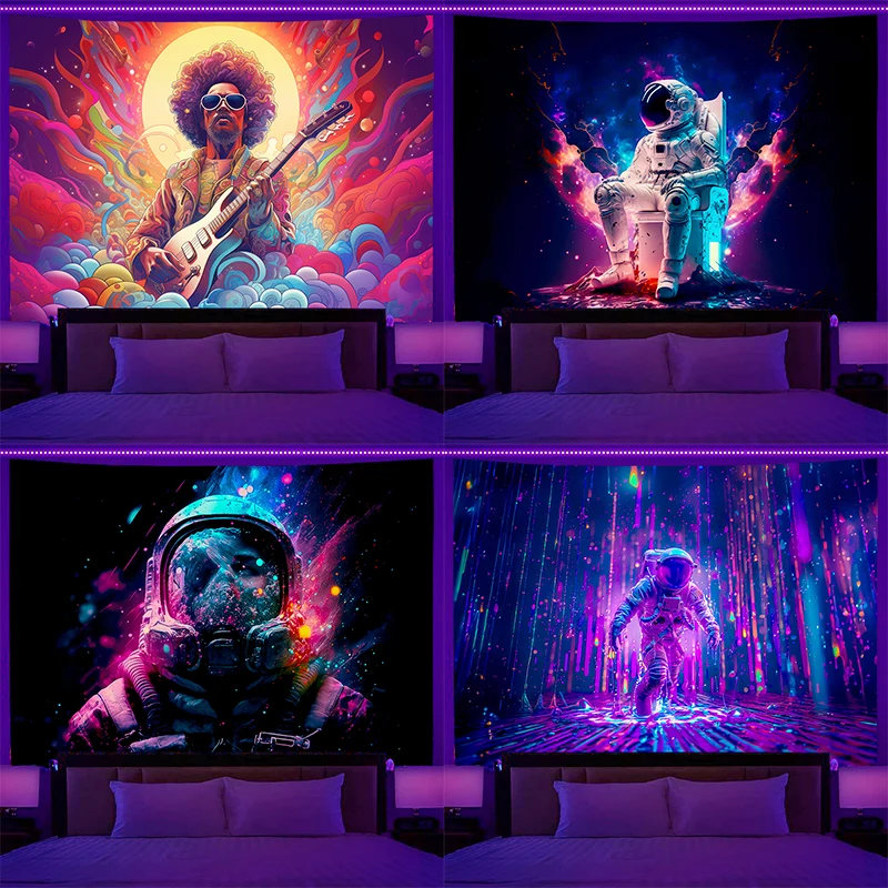 Fluorescent Wall Hanging Astronaut Tapestry Fantasy Art Background Cloth Bedroom Home Decor Glows Under UV 1