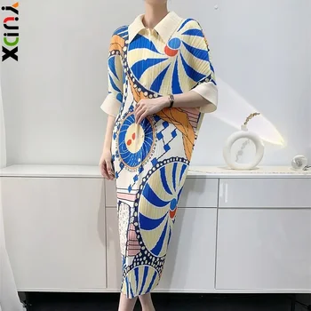 Miyake Pleated Women's Dresses Mid-length Printed Dresses Loose Plus Size Bat Sleeve Fashion Casual Skirts 2024 Early Spring New 1