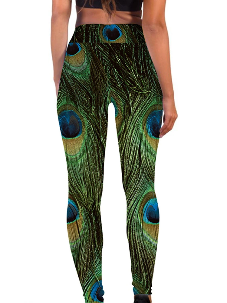 Green Feather Printed Leggings Women Gym Pants High Waist Tummy Control Push Up Yoga Tights Elastic Sports Leggins Spandex