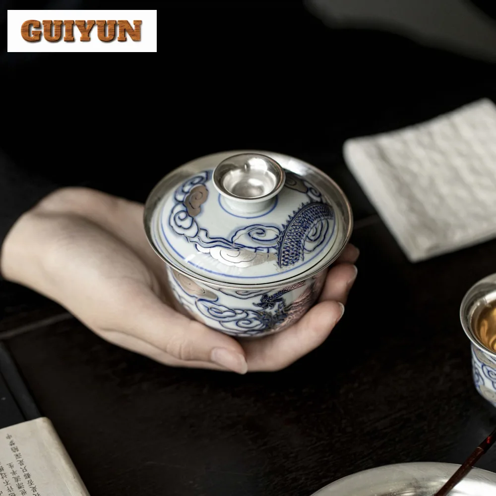 150ml Chinese Zen Dragon Gaiwan Handmade Gilded Silver Tea Bowl Tea Tureen Household Brewing Cover Bowl Cha Items Gift