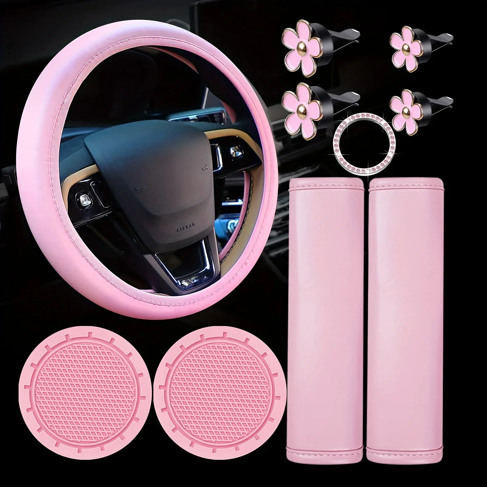 

10pcs Pink Leather Steering Wheel Cover for Women Car Accessories Set Seat Belt Covers Car Coasters Car Decorations
