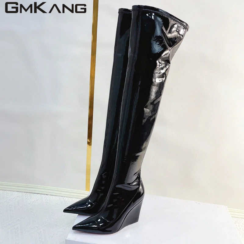 

New Pointed Toe Over-The-Knee Boots Female Wedges Heels Fashion Autumn Winter Runway Shoes Long Knight Boots For Women