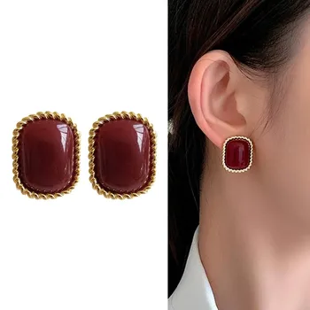 925 Silver Needle Korean Fashion Wine Red Earrings For Women Jewelry 2024 Trending New Vintage Women's Hong Kong Style Earrings