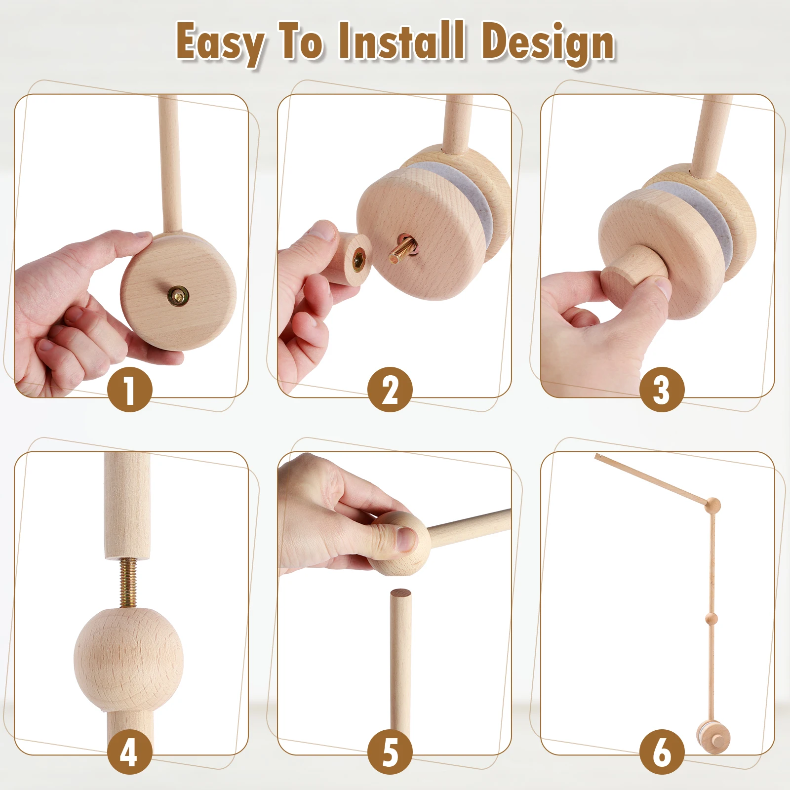 Baby Crib Mobile Arm Wooden Holder 27 inch Beech Hangers with Rotating Music Box Nursery Decor Attachment Safe Anti Slip Set