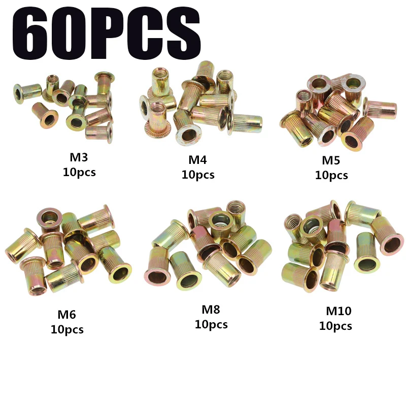 60Pcs Rivet Nuts Zinc Plated Carbon Steel M3 M4 M5 M6 M8 M10 Knurled Flat Head Rivet Nuts Set Multi Sizes Insert Rivet Nuts m2 m2 5 m3 m4 m5 m6 brass hot melt inset nuts assortment kit thread copper knurled threaded insert embedment nuts set