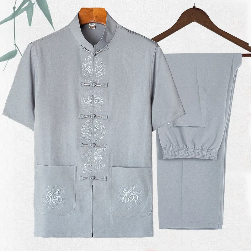 

Yourqipao Summer Middle-aged Tang Suit Grandpa Short-sleeved Clothes Chinese Style Loose Dad Shirt Tops Pants Sets for Men