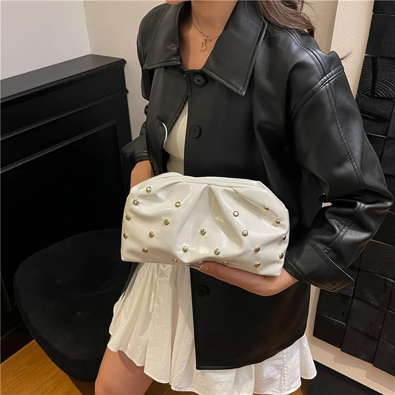 Simple Versatile Evening Handbags for Women Solid Color Rivet Pleated Design Ladies Clutch Female Soft Pu Leather Purse