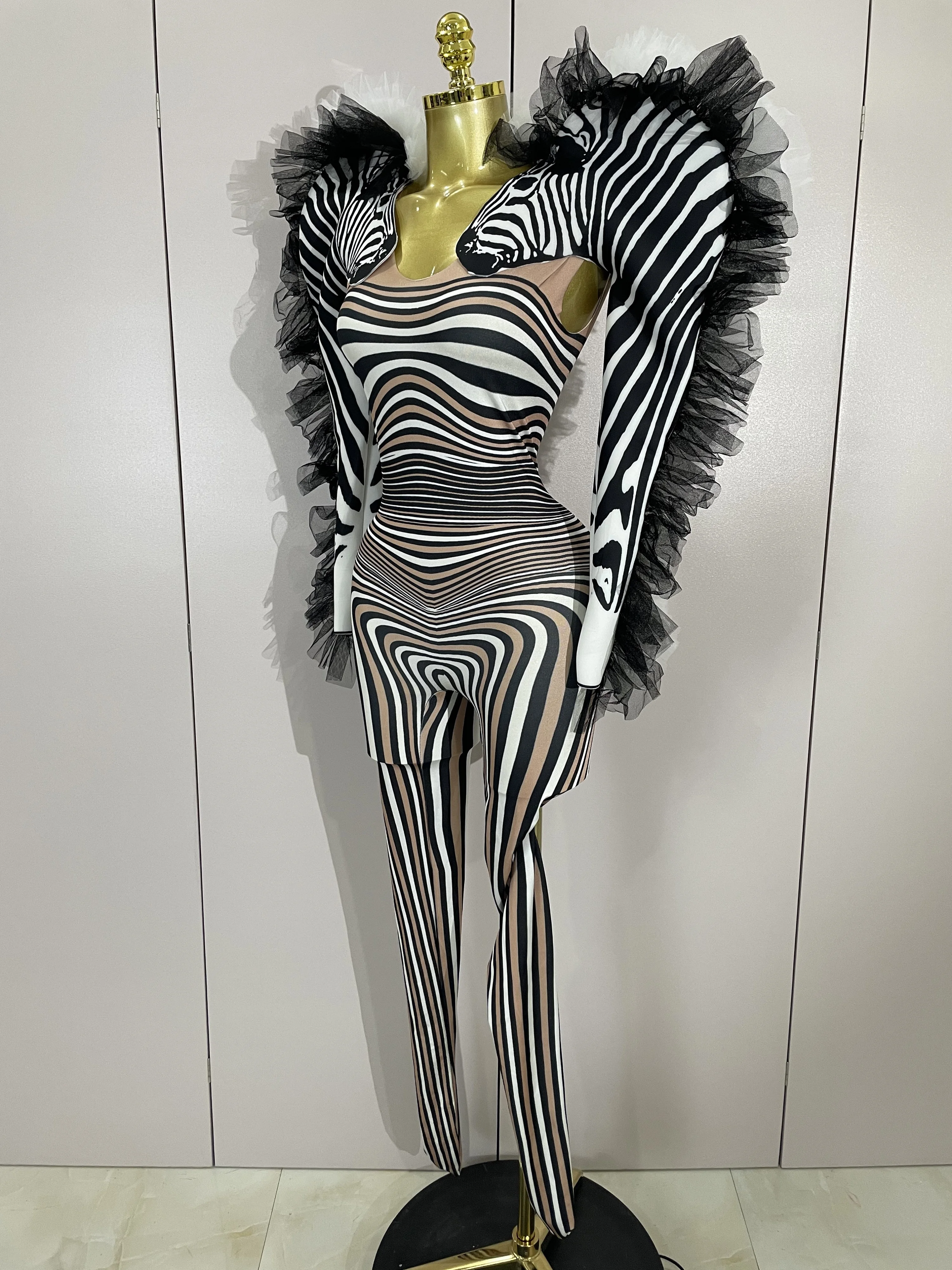 Women Zebra Stripes Long Sleeve Bodycon Jumpsuit Two Piece