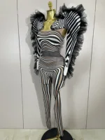 Women Zebra Stripes Long Sleeve Bodycon Jumpsuit Two Piece Set Birthday Party Nightclub Stage Performance Festival Rompers - Image 2