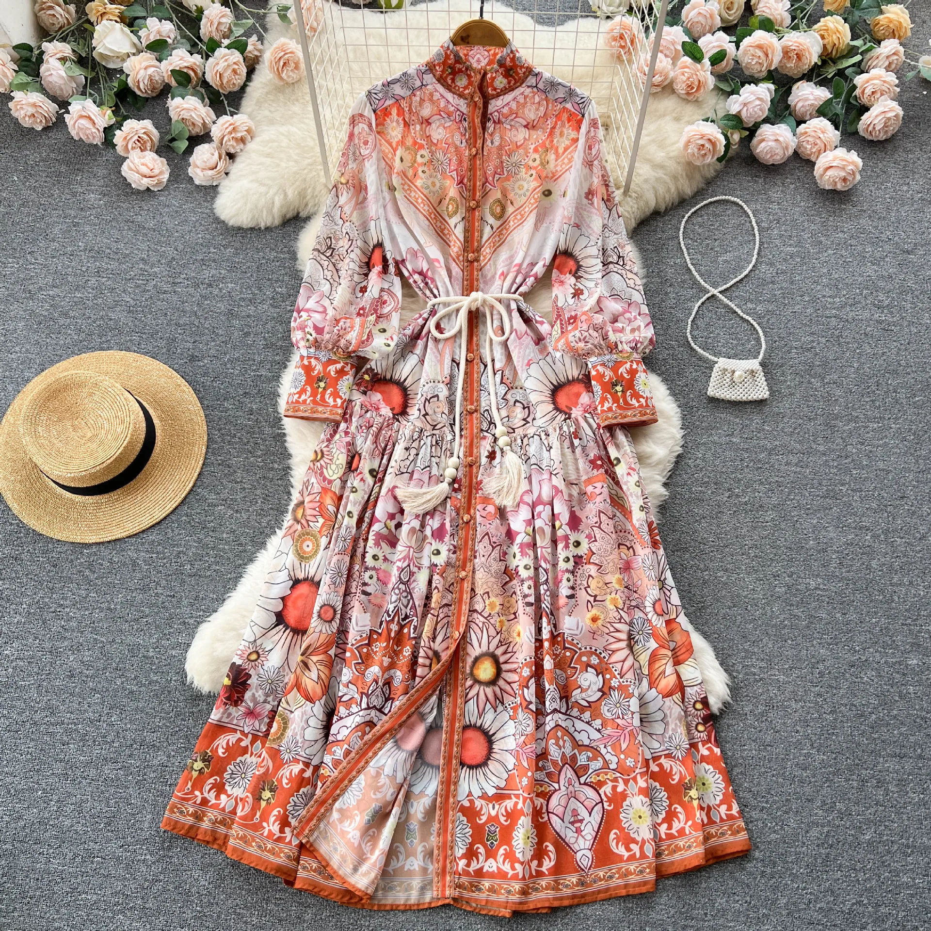 

Bohemia Chiffon Long Sleeve Dresses Boho Spring Summer 2023 Party Vestidos Vintage Floral Printed Dress for Women Robe
