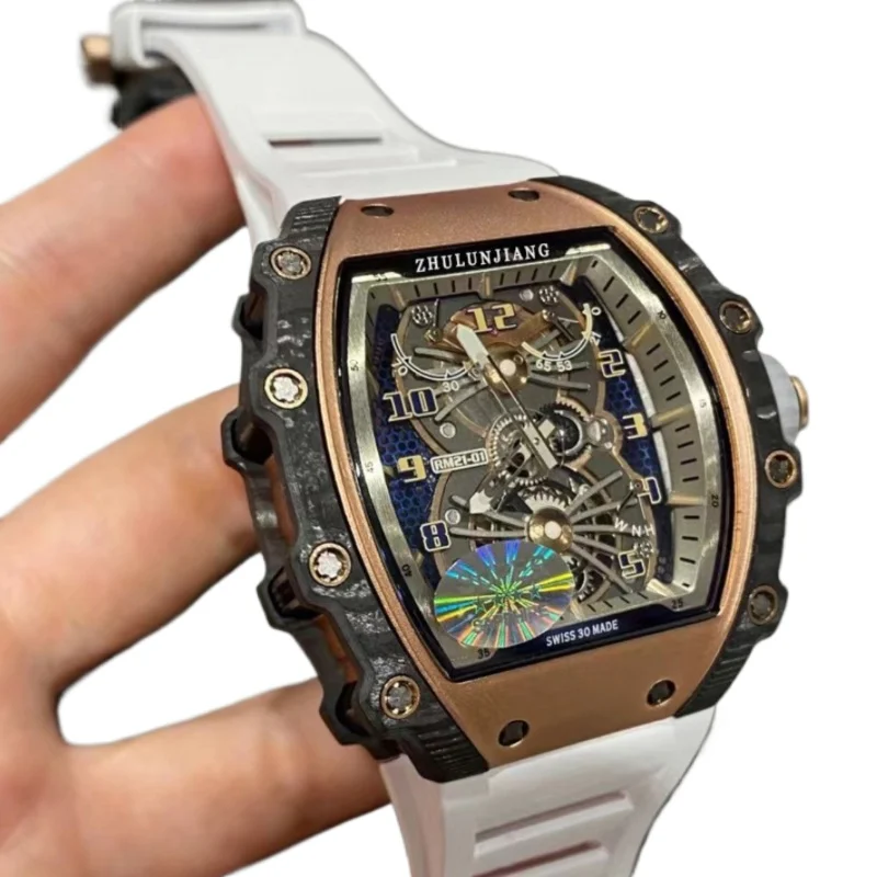

Часы мужские механические полностью автоматические, деловые повседневные светящиеся модные большие с индивидуальной лентой из углеродного волокна