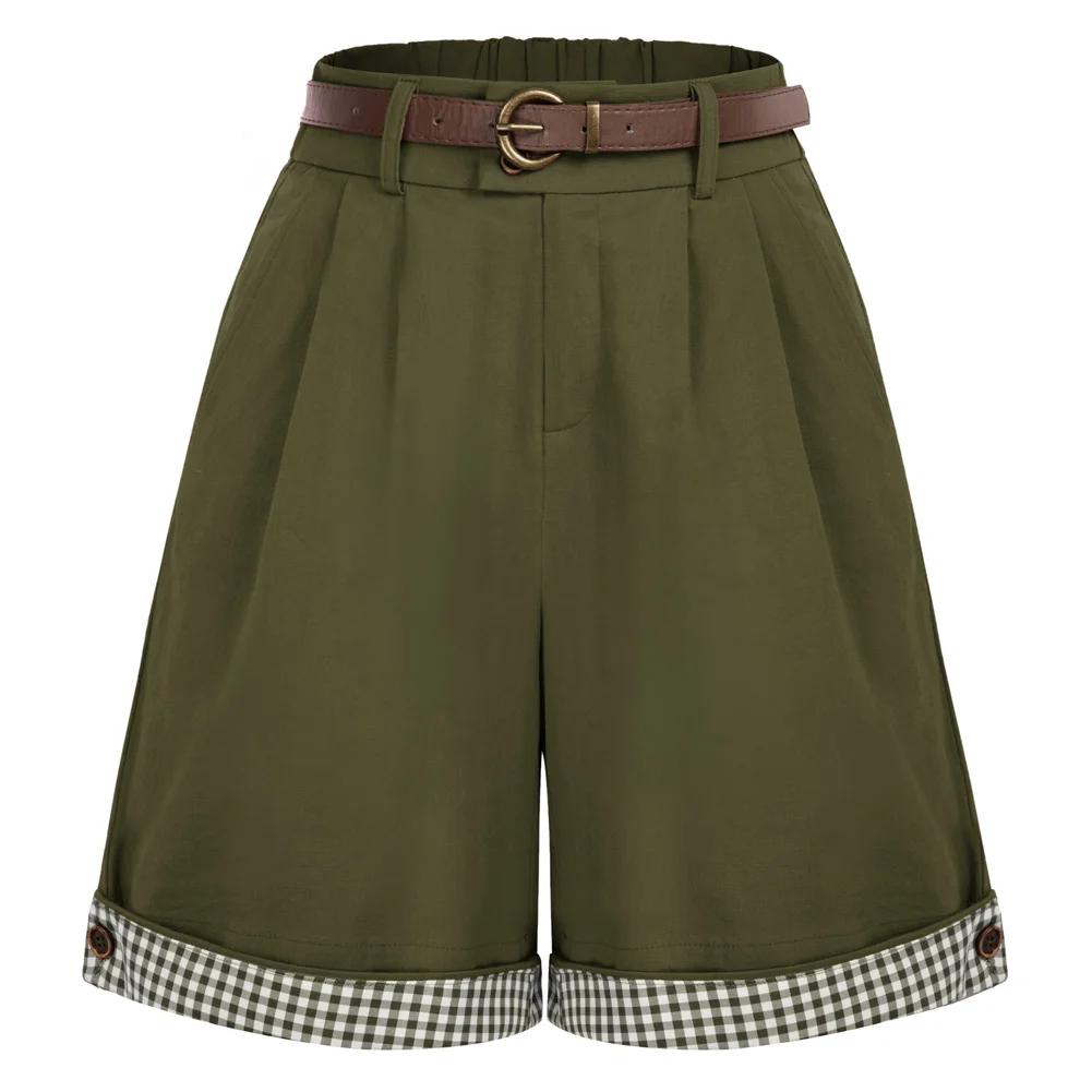 

BP Women Vintage Cotton Shorts With Belt High Waist Wide-Leg Shorts