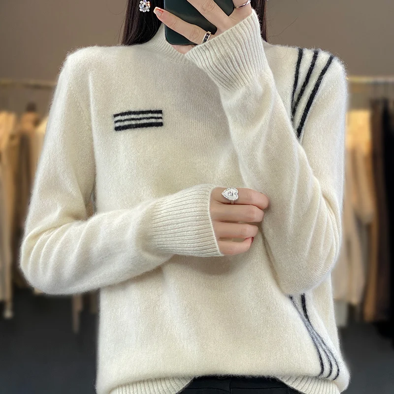 

Autumn Winter 2023 New Women's Half High Collar 100% Merino Wool Sweater Knit Pullover Stripe False Pocket Long Sleeve